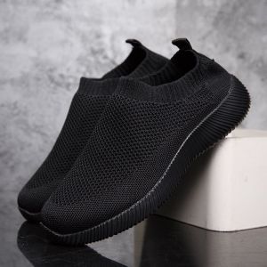 Korean Black Rubber Shoes For Women Fashion Fly Woven Casual Nursing Shoes For Lady Slip On Light Weight Sneakers