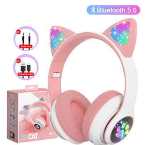 Flash Lamp Cute Cat Ears Headphone Bluetooth 5.0 Stereo With Mic Support TF Card Wireless Kids Girl Earphone Birthday Gift