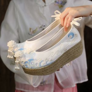 Hanfu Shoes Womens Embroidered Shoes Thick Soles Heightened Han Elements Horse-faced Skirts Ancient Costumes National Style Bow Shoes