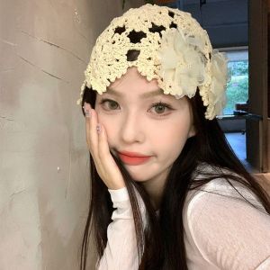 TKNUS Warm Crochet Hollow Flower Knitted Hat Hollow Out Elegant Knit Cap Cute Wool Warm Beanies Hat Apparel Accessories