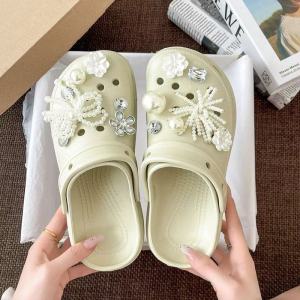 [Free Shipping] Rhinestone And Pearl Cloud-Shaped Perforated Sandals For Women Outdoor Slip-On Beach Shoes Home Slippers WomenS Closed-Toe Shoes