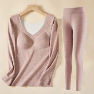 Ready stock）Autumn and Winter Warm Tops Heated Base Layers with Chest Pads Plus Velvet and Thickened Long Johns Suits for Women top