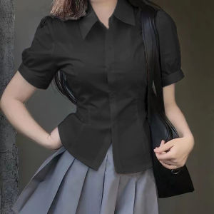 Blouse for Women Puff Sleeve Plain Waist Casual Short Sleeve Top