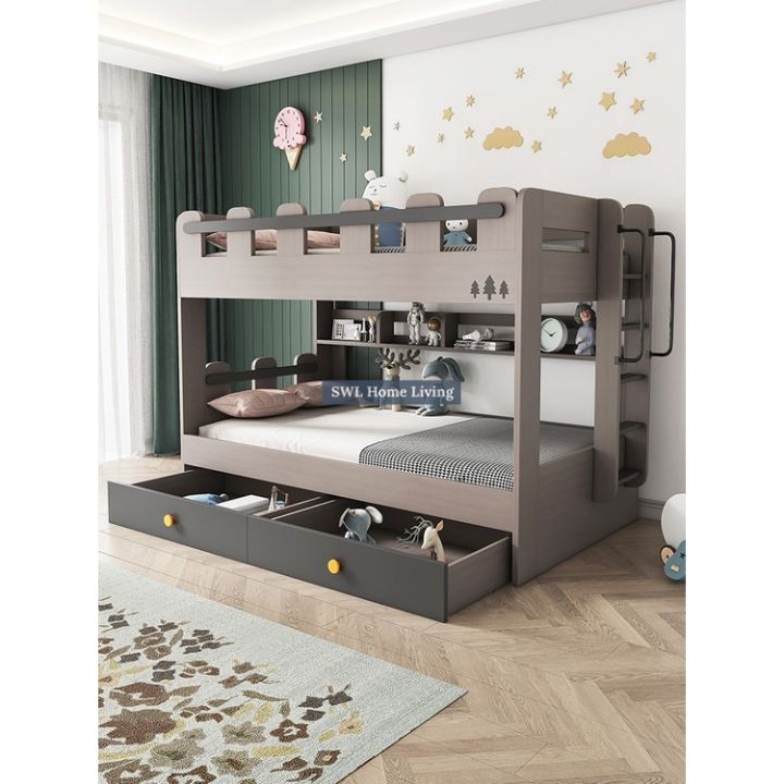 Luxury Double Decker Bunk Bed For Kids Solid Queen Bunk Bed With Drawer ...