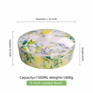 OMK Green Forest Series Ceramic 1500ML Serving Bowls with Lid Fruit salad bowl