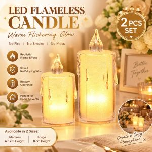 LED Flameless Candle 2PCS Battery Operated Warm Yellow Flickering Light Realistic Melted Wax Decor for Home Wedding Altar Christmas