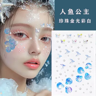Stiker berlian akrilik diy dekorasi riasan wajah aurora putri duyung kupu-kupu