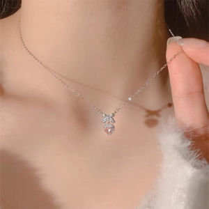 Minwen Zircon Bowknot Heart Pendant Necklaces Pink Heart Ladies Girls Fashion Elegant Clavicle Chain For Women Jewelry