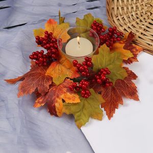 MING1996 Handmade Maple Leaf Candlestick Garland Craft Artificial Autumn Floral Garland Classic Centerpiece Maple Pumpkin Wreath Table Decor
