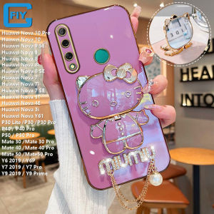 ที่คลุมกระจกแต่งหน้าสำหรับ Huawei Nova 5T 3i Y6P 2020/Y9เคสโทรศัพท์2019จี้แฟชั่นขั้นสูงที่คลุมเคสโทรศัพท์รูป Hello Kitty