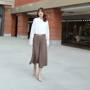 High Quality Pleated Skirt for Womens Summer Fashion High Waist Elastic A-Line Midi SkirtA88