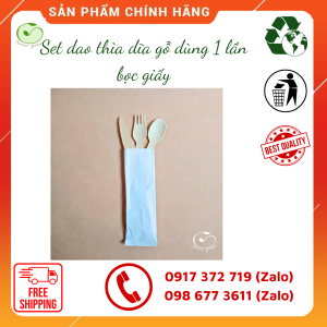 100 Set Dao Thìa Dĩa Gỗ Dùng 1 Lần Bọc Giấy Dùng Cho Nhà Hàng Quán Take Away Sự Kiện. Sản Phẩm Thân Thiện Với Môi Trường