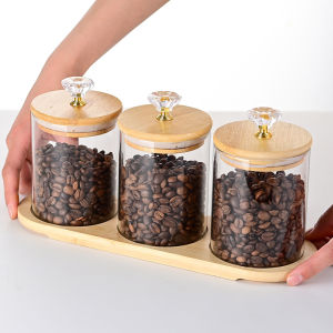 3Pcs/Set 400ml Glass Food Storage Tank with Bamboo Lid Kitchen Coffee Beans Candy Tea Grains Canister Home Snacks Nut Storage Jar