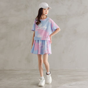 Teenagers Two Pieces Outfits Green Pink Orange Teen Girls Summer 2024 Clothing Sets Kids 2 Pcs Colorful Printed T Shirts & Skirts With Shorts Girl Clothes Children Sport Suits Spring Autumn
