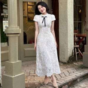 QC_Váy ren trắng cổ nơ đầm trắng dự tiệc nhẹ nhàng đầm công sở tay ngắn Ren phối cườm cổ nơ kèm lót lụa dáng dài