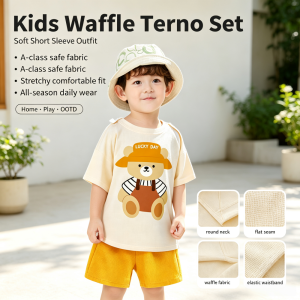 AILEBE Kids Sets A-Class Waffle Terno Short Sleeve Top Shorts Set Soft Elastic All-Season Wear Comfy Pambahay OOTD For Baby Boys 0-4 Years