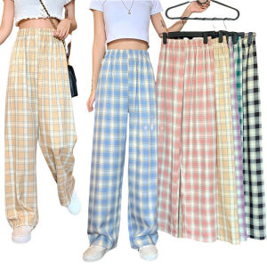 Ready Stock High Waist Plaid Pants Wide Leg Straight Pants For Woman 40-75kg Thin casual Slim High Waist Palazzo Pants Summer Korean Ladies Home wear Long Trousers