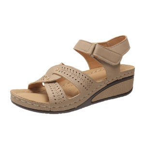 [Free Shipping] Plus-Size WomenS Shoes Wedge Heel Velcro Closure Thick-Soled Roman-Style Sandals Solid Color Breathable Casual Sandals