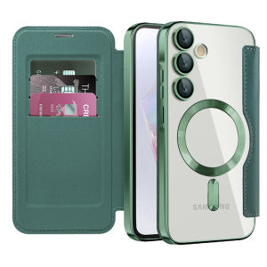 Luxury Flip Leather Card Clip Magnetic Phone Case for Samsung S26 S25 Edge S24 S23 Ultra S22 Plus A55 A35 Clear Wallet Cover