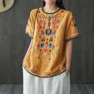 LUCKIN Cửa Hàng Áo Thun Nữ Thêu Vải Lanh Cotton Áo Cánh Rộng Tay Ngắn Cổ Tròn Mùa Hè