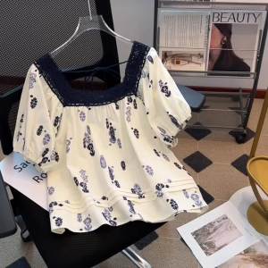 AMMIN Korean Style Sweet Embroidery Cutout Lace Stitching Square Collar Floral Puff Sleeve Cotton Shirt Women 2025 Summer New Loose Floral Print Short Sleeve Elegant Blouse