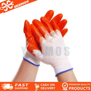 1 Pair Orange Rubber Gloves Construction And Cotton Gloves 2pcs
