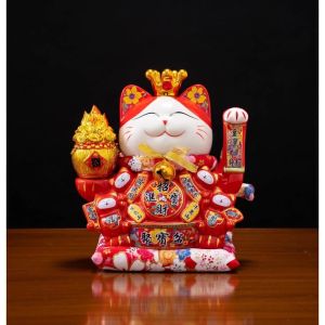 (Cỡ vừa) Mèo thần tài vẫy tay gốm sứ cao cấp kèm dây đệm đỏ - Đồ thờ Bình An - Decor Phong thủy