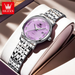 OLEVS 5611 Women Quartz Fashion Watch Gift Round-dial Stainless Steel Watchband Wristwatch Calendar Luminous