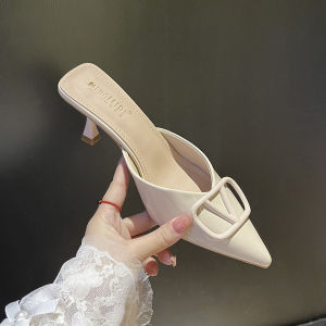 G72025 New Summer French Style Pointed Toe Simple Sandals Elegant Thin Heel Fashion Closed Toe Half Slippers Outdoor High Heels 7/7
