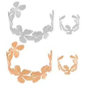 2Pcs Stylish Flower Patterned Bracelet Rings Set Comfortable Fit Metal for Gift Giving