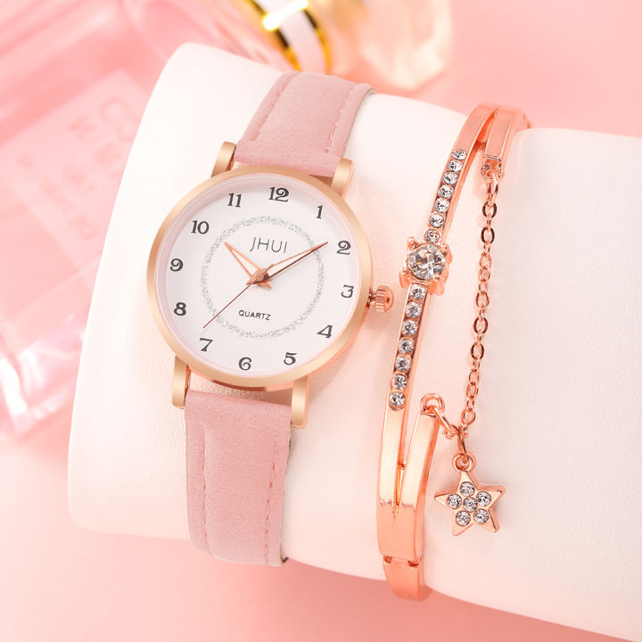 2PCS Set Classic Women's Leather Watch Strap Quartz Watch Women's