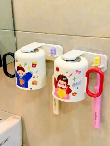 Cartoon Magnetic Toothbrush Cup with Rack Self-adhesive Inverted Drain Water Cup Bathroom Organizer