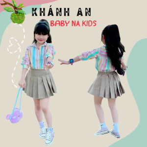 Set áo váy mùa thu KHÁNH AN BABY NA KIDS Áo sơ mi cầu vồng chân váy xếp ly nâu kaki nhẹ nhàng cho bé 8-48kg