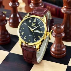 2026 OLEVS 5892 Mens Wristwatch Dual Calendar Display Classic Watch Waterproof Leather Strap Mens Quartz Watch