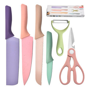 【Hania】Wheat straw 6 pcs Kitchen knife macaron color gift box with stainless steel knife environmental friendly