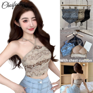 ChoiFoo เสื้อกั๊กเเขวนคอเสื้อกล้ามผู้หญิงมาใหม่พร้อมเบาะรองหน้าอกเสื้อจดหมายย้อนยุคแฟชั่นเข้ารูปพอดีสาวเผ็ดเสื้อเสื้อแขนกุดสไตล์ย้อนยุค