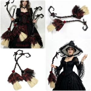 DIVATEN Rose Halloween Witch Broomstick Gothic Style Red Black Cosplay Broom Classic Gauze Lolita Props Broom Halloween Costume