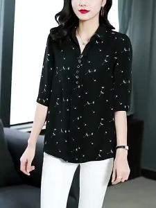 3/4 long sleeve ormal white formal blouse for women plus sizeFashion Loose Chiffon Print korean casual office plain Floral Half Sleeve T-shirts tops