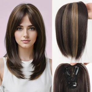 Middle Part Hair Toppers Wigs with Bangs Hair Extension Clip In Fringe Hair Pieces Invisible Fake Bangs Synthetic Hair Bangs for Women