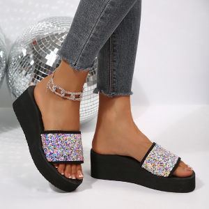 [Free Shipping] 2026 Summer New Sequined Lightweight Breathable Casual Wedge Thick-Soled Sandals Beach Shoes For Women