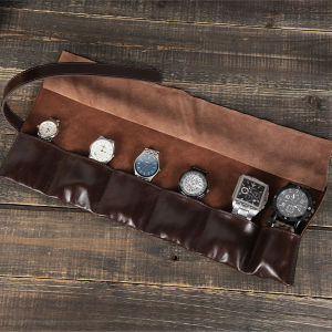 CONTACTS  High Class 6 Slot Watch Roll Case Oil Nubuck Leather Watch Box Handmade Travel Wristwatch Pouch Organizer