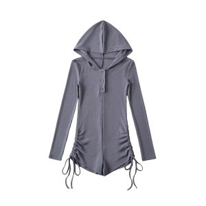 บอดี้สูท มีฮู้ด ชุดโยคะ ผู้หญิง แขนยาว ดีไซน์กระดุมหน้า รูดเชือกข้างลำตัว เนื้อผ้าร่องอย่างดี กระชับยืดหยุ่น เก็บทรง ดีไซน์สวยงาม ใส่สบาย ชุดออกกำลังกาย #1303