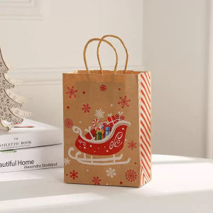 ⭐SG Seller⭐1Pc Christmas Kraft Gift Bag with Handle Holiday Paper Bag  for  Xmas Paper Party Favor Gift Bags for Christmas Supplies