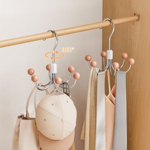 JIYAN2866 Wooden Ball 6 Claw Hooks Space Saving Multifunctional Clothing Organizers Hook Portable 360° Rotatable Wardrobe Hooks
