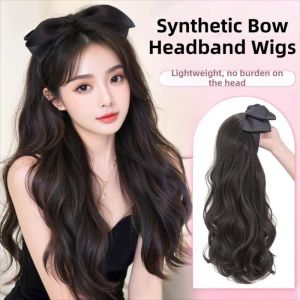 OMQAIO Hair Hoop Synthetic Bow Headband Wigs Korean Style Hairpieces Half Headband Wig Heat Resistant Fiber Clip in Long Straight Wavy Hair Women