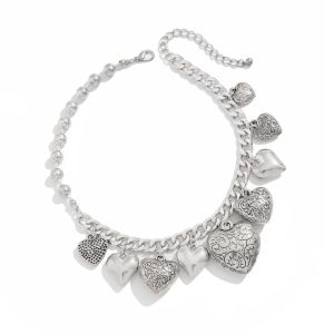 GLOWLITE Elegant Heart Pendant Necklace Gold Silver Exaggerate Metal Heart Bracelet Exquisite Flower Pattern Vintage Jewelry Women