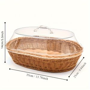 1pc EASYJOY CLASSIC WICKER BREAD BASKET with CLEAR ACRYLIC LID - Durable washable food tray for bread desserts and fruit - perfect for kitchens picnics and home displays rack baskets Shelf Baskets