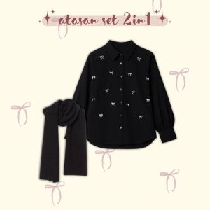 One Set 4in1 Wanita Selebgram Hijab Pashmina Jersey & Kemeja Blouse Brokat Pita & Celana Cutbray 55A