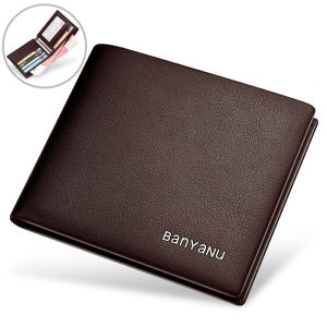 BANYANU Ultra Thin Men Small Wallet Business Horizontal Soft Genuine Leather Credit Card Purse Black Coffee Color