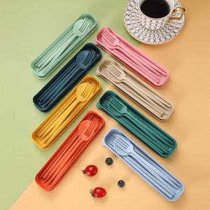 4PCS/Set Wheat Straw Spoon Fork Chopsticks Cutlery Tableware Box Dinnerware Children Adult Travel Portable Kitchen Accessories